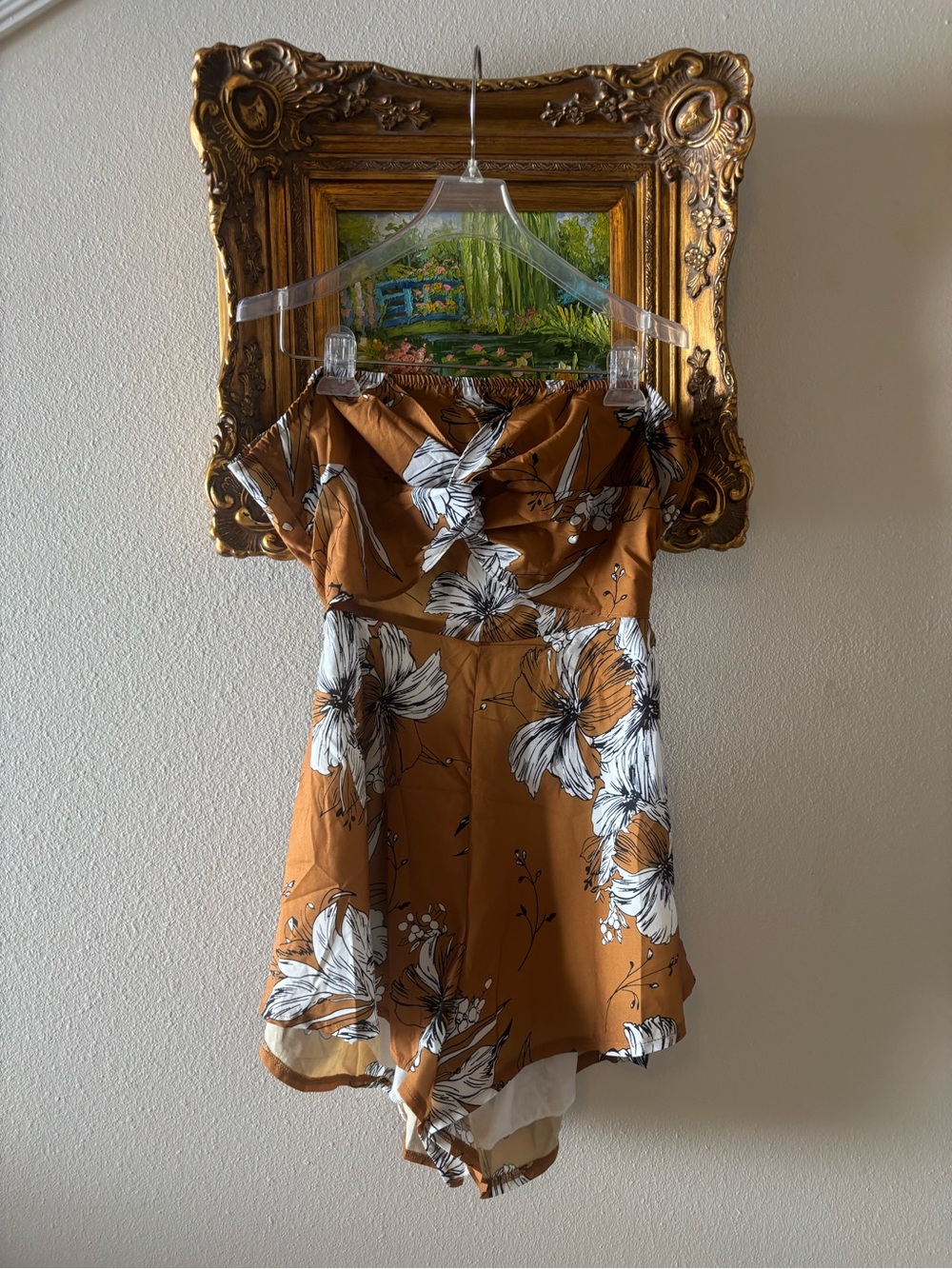 Strapless Floral Romper in golden mustard yellow with White Flowers